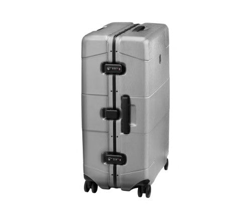 Sleek silver Victorinox Lexicon Framed Large suitcase features an aluminum frame, 96L capacity, and dual caster spinner wheels.