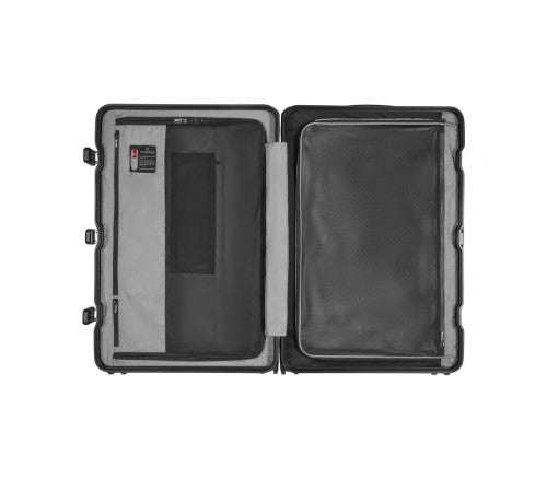 Sleek silver Victorinox Lexicon Framed Large suitcase, 96L capacity, aluminum frame, 4 spinner wheels, with TSA locks.