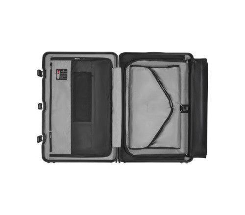 Sleek silver Victorinox Lexicon Framed Large suitcase with aluminum frame, 96L capacity, dual TSA locks, and spinner wheels.