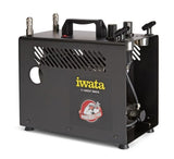 Iwata Air Brush Compressor Power Jet Pro featuring dual regulators, moisture filters, and a 2-liter tank for precise, uninterrupted airbrushing.