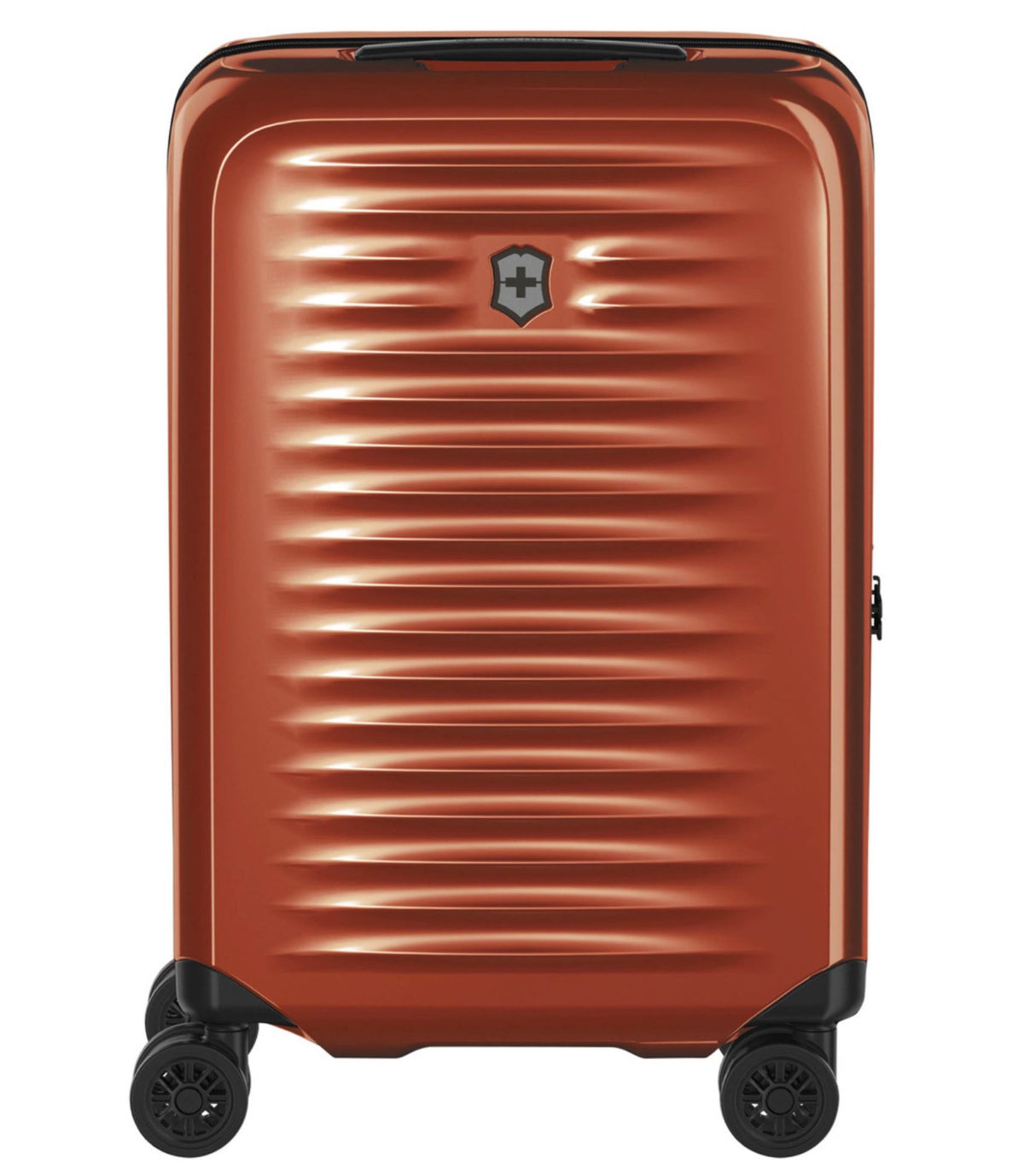 Lightweight red Victorinox Airox carry-on luggage with durable polycarbonate, 360° wheels, and secure TSA-approved lock.