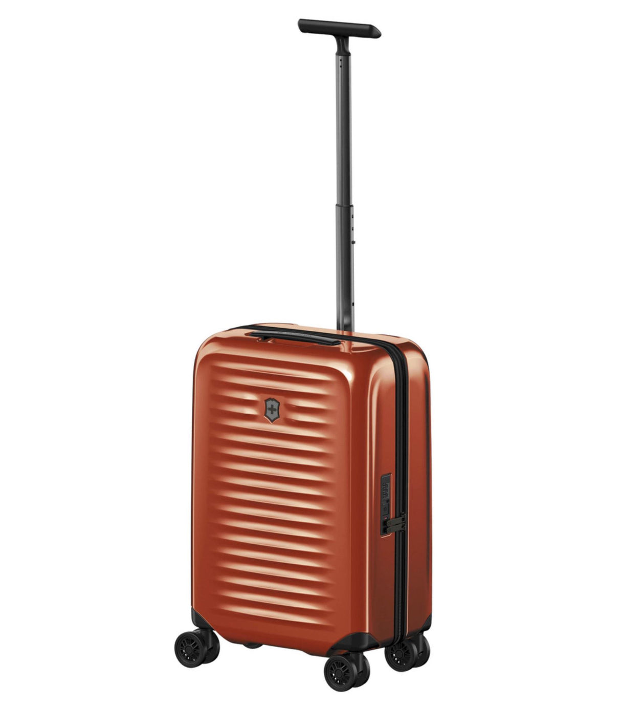 Victorinox Airox Frequent Flyer hardside carry-on luggage in vibrant red, featuring durable polycarbonate and smooth 360° wheels.