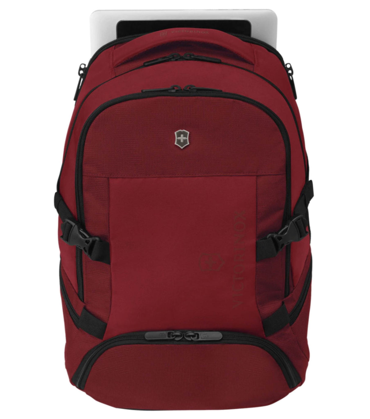 Victorinox VX Sport EVO Deluxe black backpack with padded laptop compartment, multiple pockets, and adjustable straps.