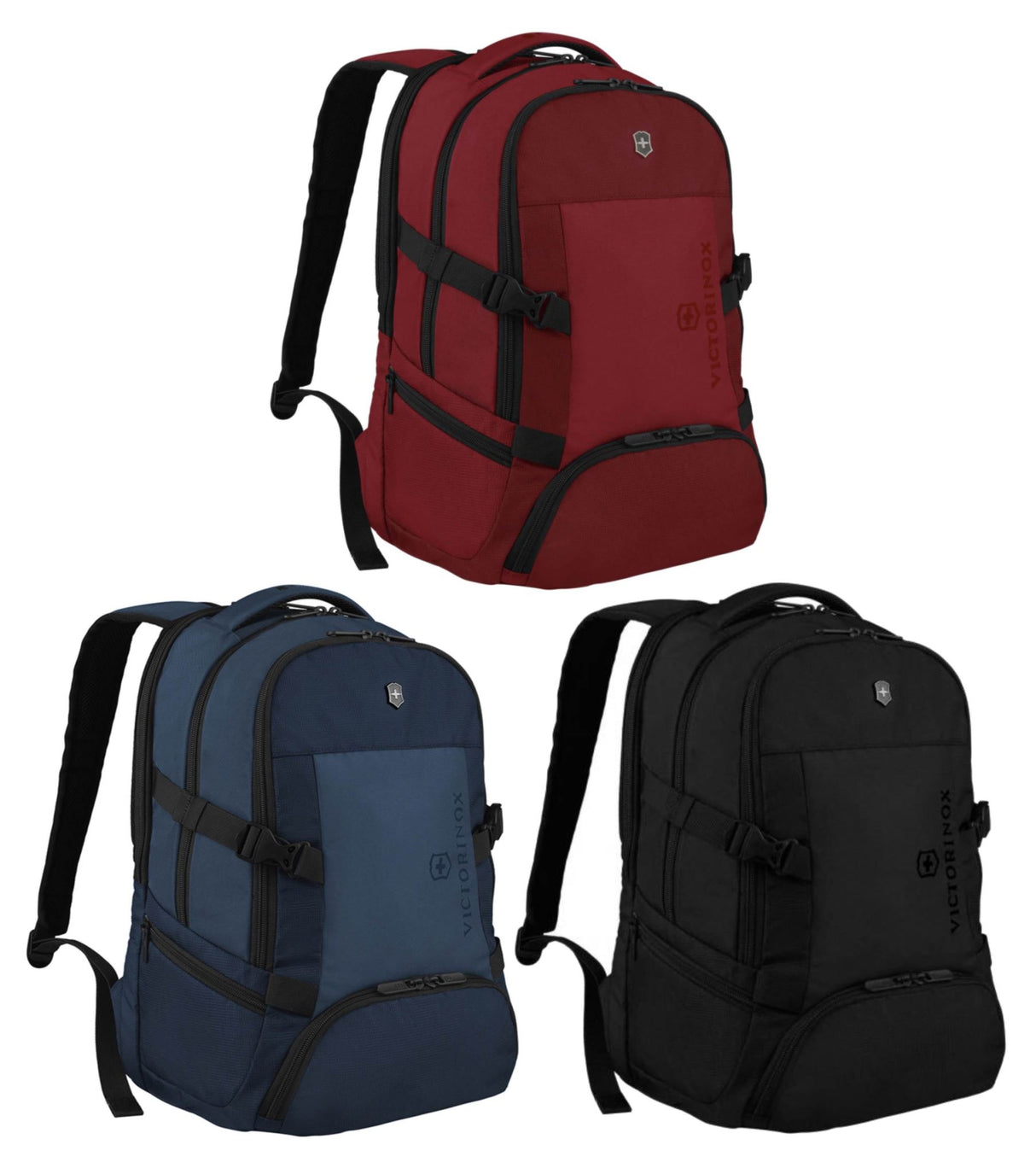 Victorinox VX Sport EVO Deluxe black backpack with padded laptop compartment, organized pockets, and adjustable straps.