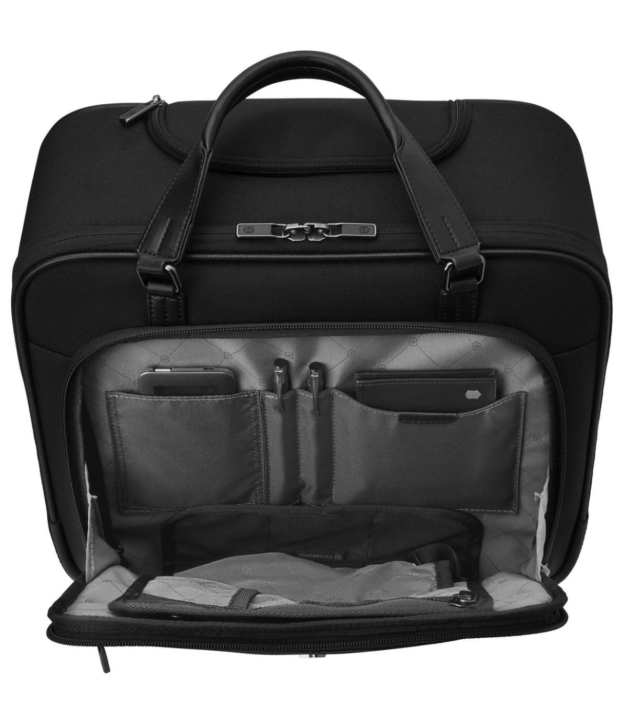 Victorinox black wheeled business brief featuring CORDURA fabric, padded laptop compartment, and smart organization.