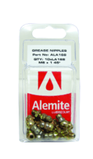 Grease nipple pack containing 10 durable 45-degree fittings for efficient lubrication and machinery maintenance.