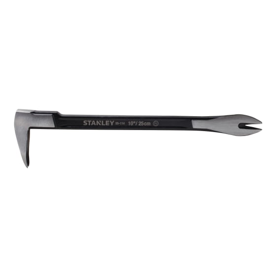 Stanley 10" Precision Claw Bar featuring polished beveled claws, forged high-carbon steel for durability and precision in nail removal.