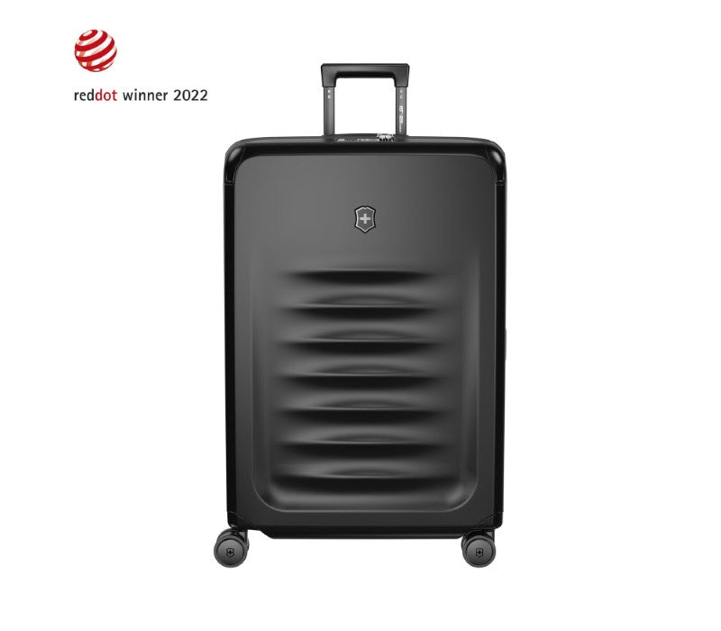 Victorinox Spectra 3.0 black suitcase, expandable with 40% more space, durable recycled polycarbonate, smooth-rolling 4-wheel design.