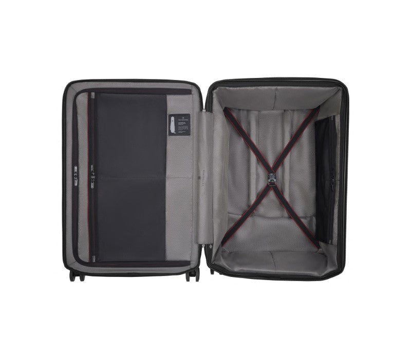 Black Victorinox Spectra 3.0 Expandable Suitcase, durable polycarbonate, self-expanding, 4 wheels, spacious organized interior.