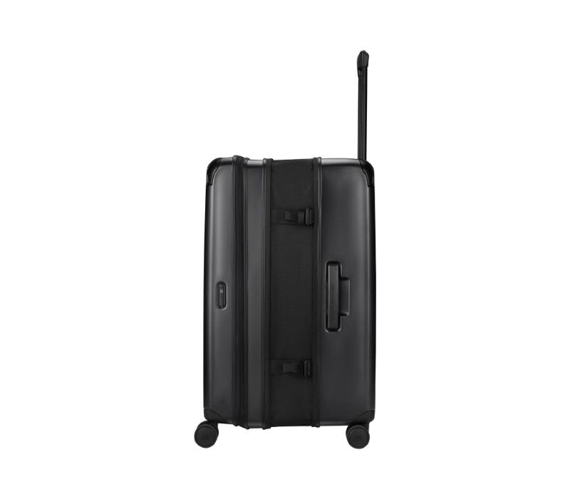 Victorinox Spectra 3.0 Expandable Large Suitcase in black, made of durable recycled polycarbonate, features smooth 4-wheel system and expandable design.