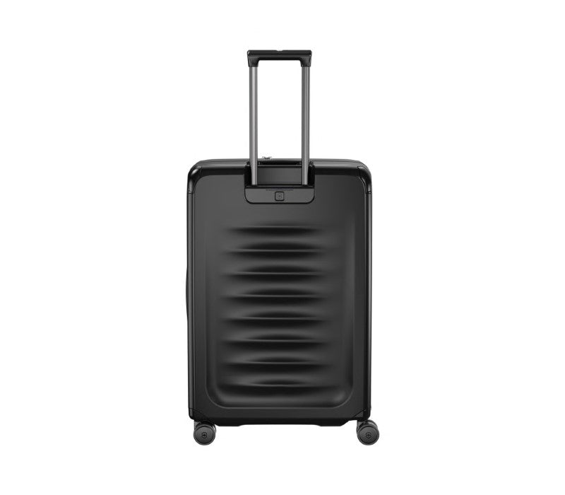 Victorinox Spectra 3.0 Expandable Large Suitcase in black, featuring durable recycled polycarbonate and 40% expandable capacity.