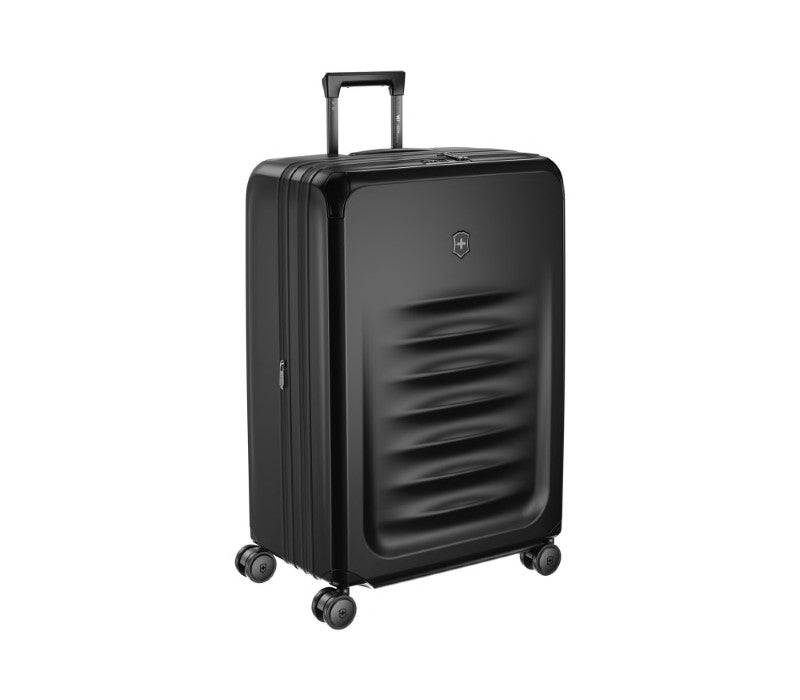 Victorinox Spectra 3.0 Expandable Large Suitcase in black, durable SORPLAS material, expands for extra capacity, smooth-rolling wheels.