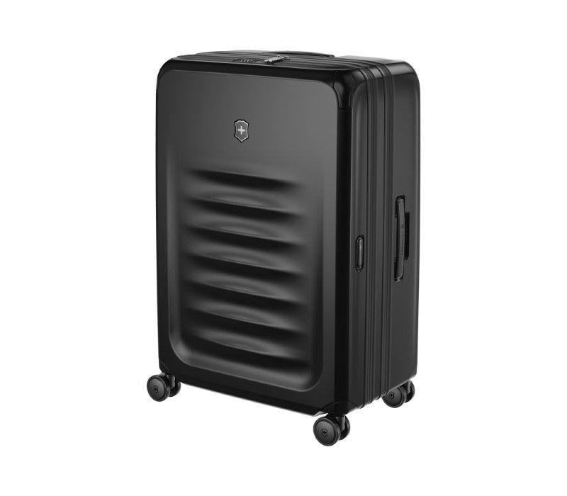 Victorinox Spectra 3.0 black suitcase features durable SORPLAS™, expandable capacity, and smooth-rolling wheels for effortless travel.