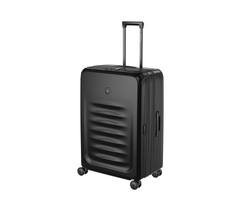 Victorinox Spectra 3.0 Expandable Large Suitcase in black, made of durable recycled polycarbonate, features 4 wheels and expandable capacity.