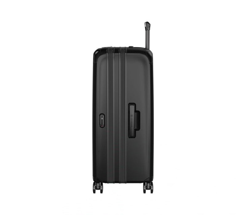 Victorinox Spectra 3.0 large black suitcase with expandable capacity, durable recycled polycarbonate, and smooth-rolling wheels.