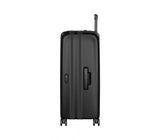 Victorinox Spectra 3.0 large black suitcase with expandable capacity, durable recycled polycarbonate, and smooth-rolling wheels.