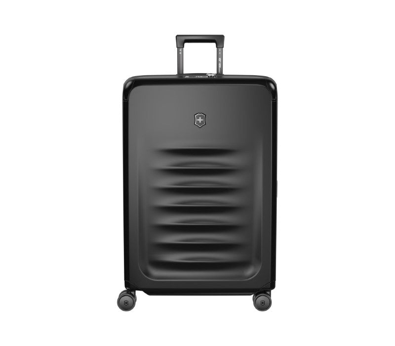 Victorinox Spectra 3.0 Expandable Large Suitcase in black, durable recycled polycarbonate, with expandable capacity and organized interior.