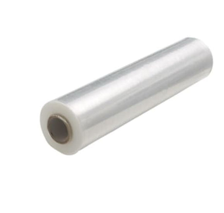 Clear pre-stretch hand wrap film roll, 450mm x 500m, 10mu thickness, designed for lightweight, efficient pallet wrapping.