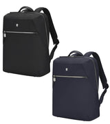 Victorinox Signature Compact Black Laptop Backpack with 14" laptop and removable pouch for versatile use on-the-go.