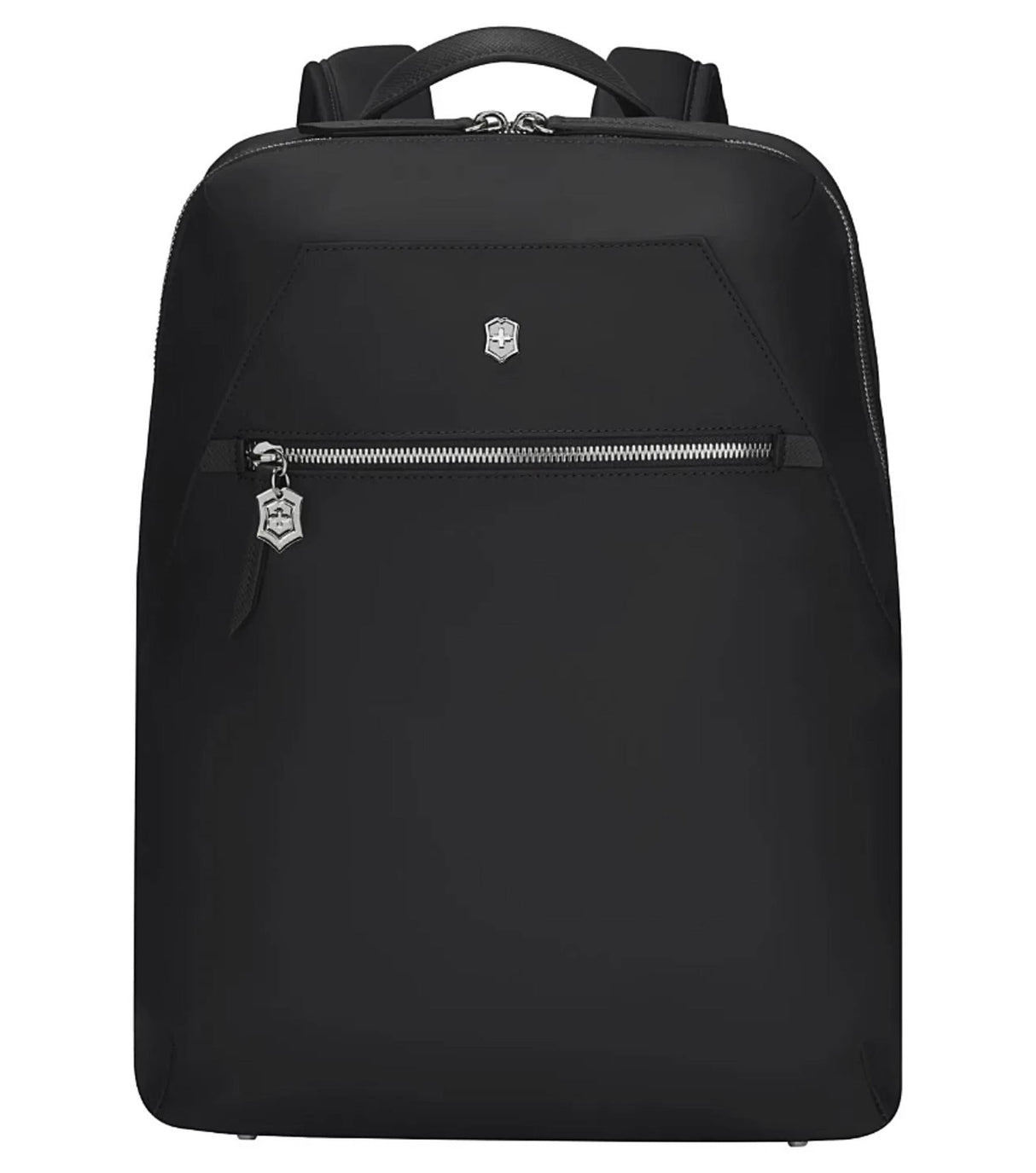 Victorinox black laptop backpack with padded straps, 14" laptop compartment, removable pouch, and water bottle pocket.