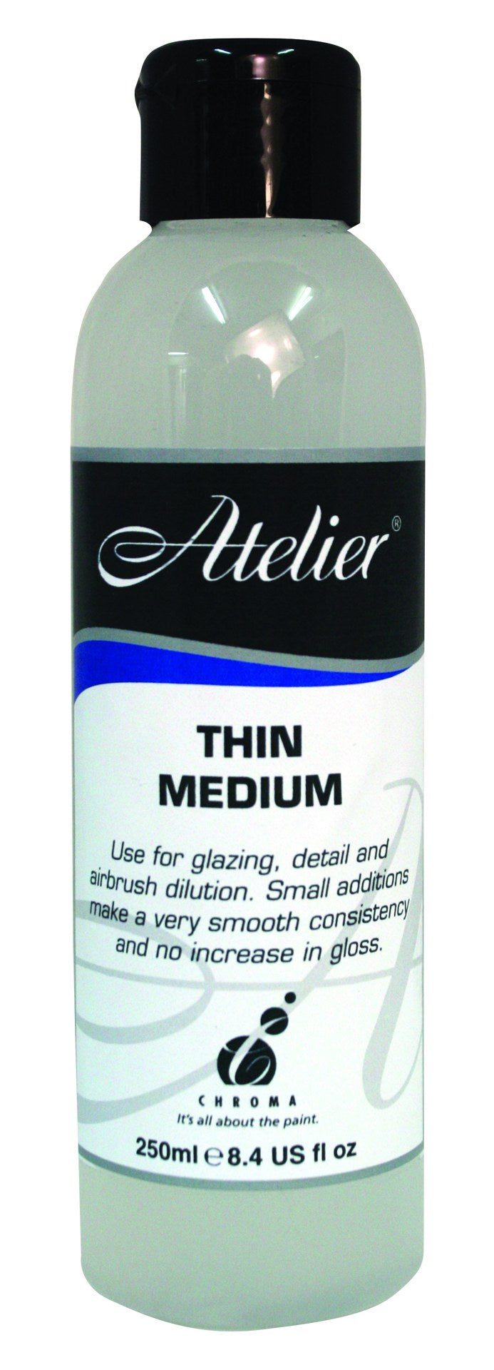 Atelier Thin Painting Medium 250ml, a versatile fluid medium for enhancing paint flow and creating smooth glazes.