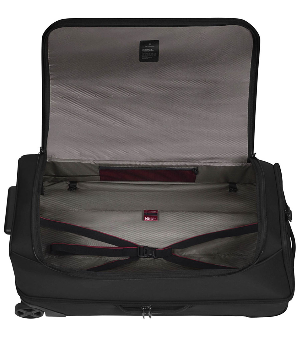 Victorinox Crosslight Wheeled Duffel in black, crafted from recycled PET bottles, features adaptive interior and compression straps.