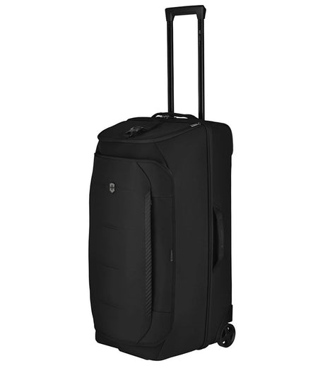 Victorinox Crosslight Wheeled Duffel in Black, eco-friendly, 87L capacity, with compression straps and expandable shoe pocket.