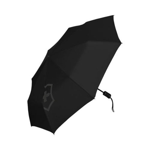 Victorinox Duomatic Umbrella in black, featuring Ecorepel® technology, wind-resistant up to 95 mph, and a collapsible design.