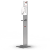 Touch-free hand sanitiser dispenser stand with sturdy metal design, silver catch tray, and easy assembly for hygienic spaces.