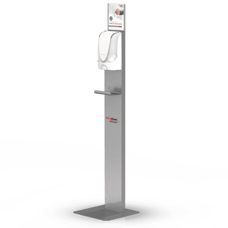 Touch-free hand sanitiser dispenser stand with sturdy metal design, silver catch tray, and easy assembly for hygienic spaces.