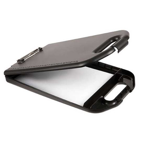 Marbig A4 Storage Clipboard in black with top-opening design, spacious storage, and secure clips for organizing documents.