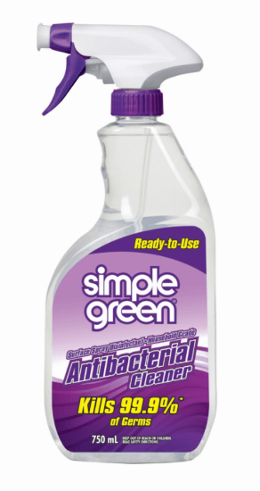 Simple Green Antibacterial Cleaner RTU 750ml spray bottle, effective disinfectant killing 99.9% of germs on various surfaces.