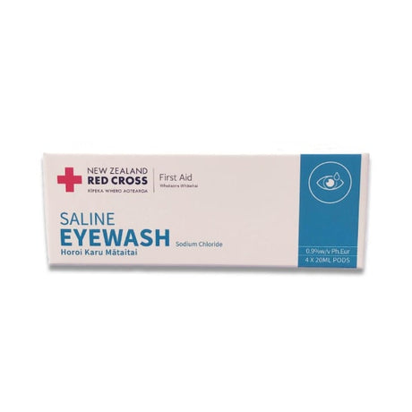 Red Cross Saline Eye Wash Pods in a 4-pack, ideal for soothing minor eye irritations with 0.9% Sodium Chloride solution.