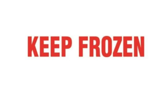 "Bright 'Keep Frozen' shipping labels on a roll, 30mm x 127mm, ensuring safe transport of perishable goods."