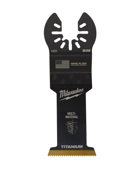 Milwaukee OPEN-LOK Bi-Metal Multi-Tool Blade, 35mm; durable, titanium-coated, ideal for wood, nails, PVC, and drywall cutting.