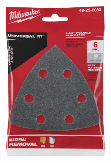 Milwaukee OPEN-LOK 80 grit triangle sandpaper (89mm), designed for quick changes and efficient sanding on wood and paint.