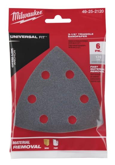 Milwaukee 120 Grit OPEN-LOK sandpaper pack, 89mm, designed for oscillating tools with hook and loop for quick changes.