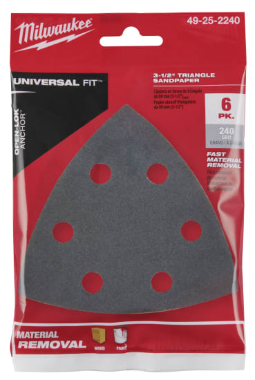 Milwaukee OPEN-LOK 240 Grit sandpaper pack featuring 89mm triangle shape, designed for efficient sanding with oscillating tools.