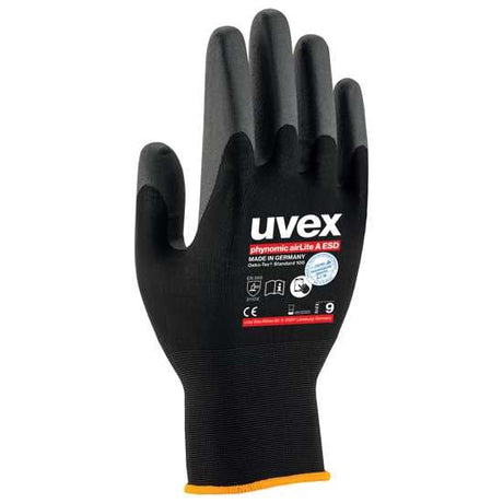 Uvex Phynomic AirLite A ESD Gloves size 7, featuring thin, breathable coating for precision work in electrostatic environments.