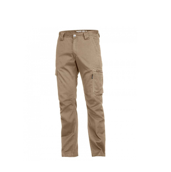 Khaki KingGee Lightweight Tradie Pants, size 87, featuring 12 pockets, UPF 50+ protection, and durable cotton drill fabric.