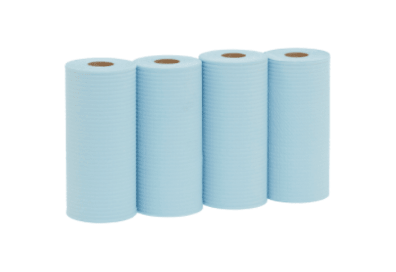 Wypall X50 blue roll wipers, 4-ply, 24.5cm x 70m, ideal for absorbing spills and cleaning surfaces in food environments.