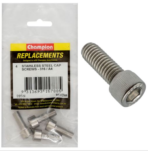 M10 x 25mm Socket Cap Screw 316/A4 -4pk