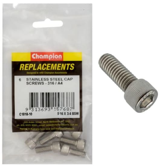 6-pack of 5/16" x 3/4" BSW Socket Cap Screws made from 316 stainless steel, offering corrosion resistance and durability.