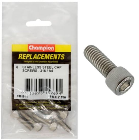 Premium 5/16" x 1" BSW Socket Cap Screw 316/A4, 6-pack, offering strong, corrosion-resistant fastening for various projects.