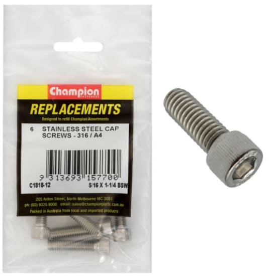 High-quality 6-pack of 5/16" x 1-1/4" BSW stainless steel socket cap screws, ideal for durable fastening in various environments.