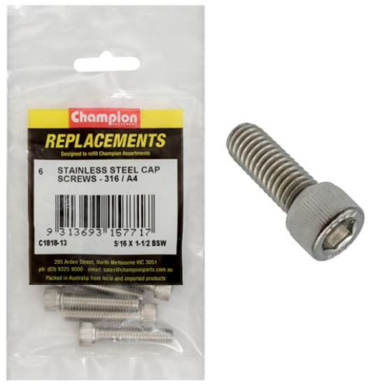 5/16" x 1-1/2" BSW stainless steel socket cap screws, 6-pack, corrosion-resistant for secure fastening in marine and industrial projects.