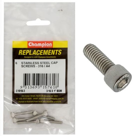 3/16" x 1" BSW socket cap screws in a 6-pack, crafted from durable 316 stainless steel for excellent corrosion resistance.