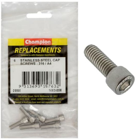 Durable 1/4" x 3/4" BSW socket cap screws in a 6-pack, crafted from corrosion-resistant 316 stainless steel.