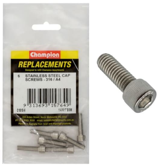 1/4" x 1" BSW socket cap screws in a 6-pack, made of durable 316/A4 stainless steel for reliable outdoor fastening.