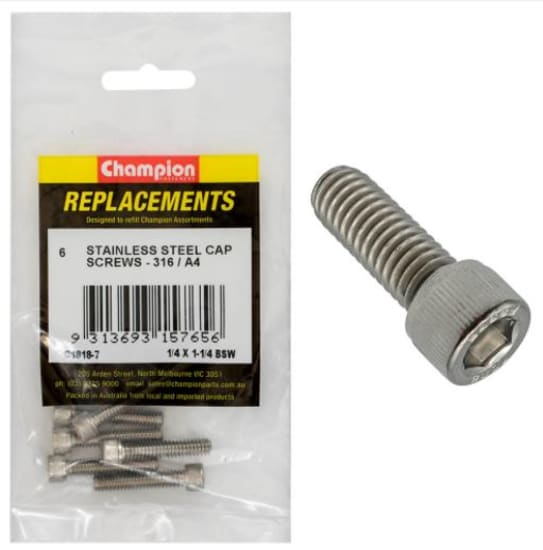 1/4" x 1-1/4" BSW socket cap screws in stainless steel, 6-pack for durability and corrosion resistance in various applications.